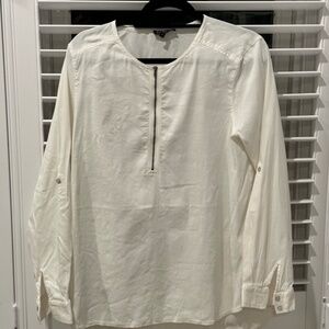 Eileen Fisher White Linen Blend Half Zip Hippie Blouse Long Sleeve Women's M